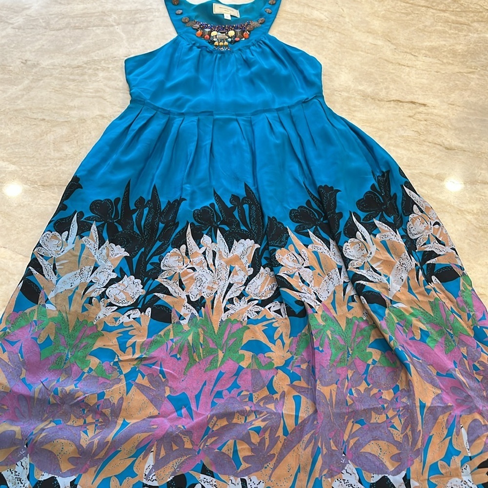 Moulinette Soeurs | Silk Maxi Halter Dress | Teal/Purple | Size 6